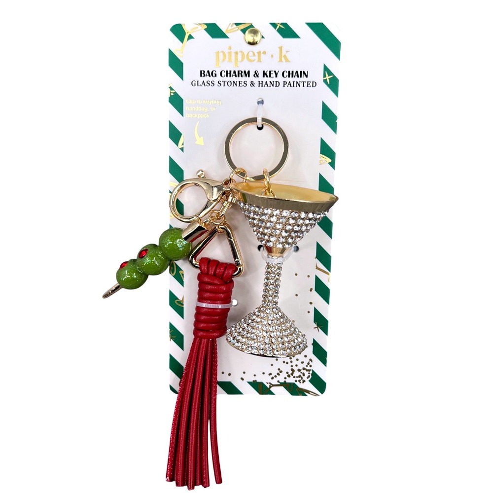 Piper K Martini Glass Olive Bag Charm‎ Keychain Rhinestone Cocktail Tassel NWT